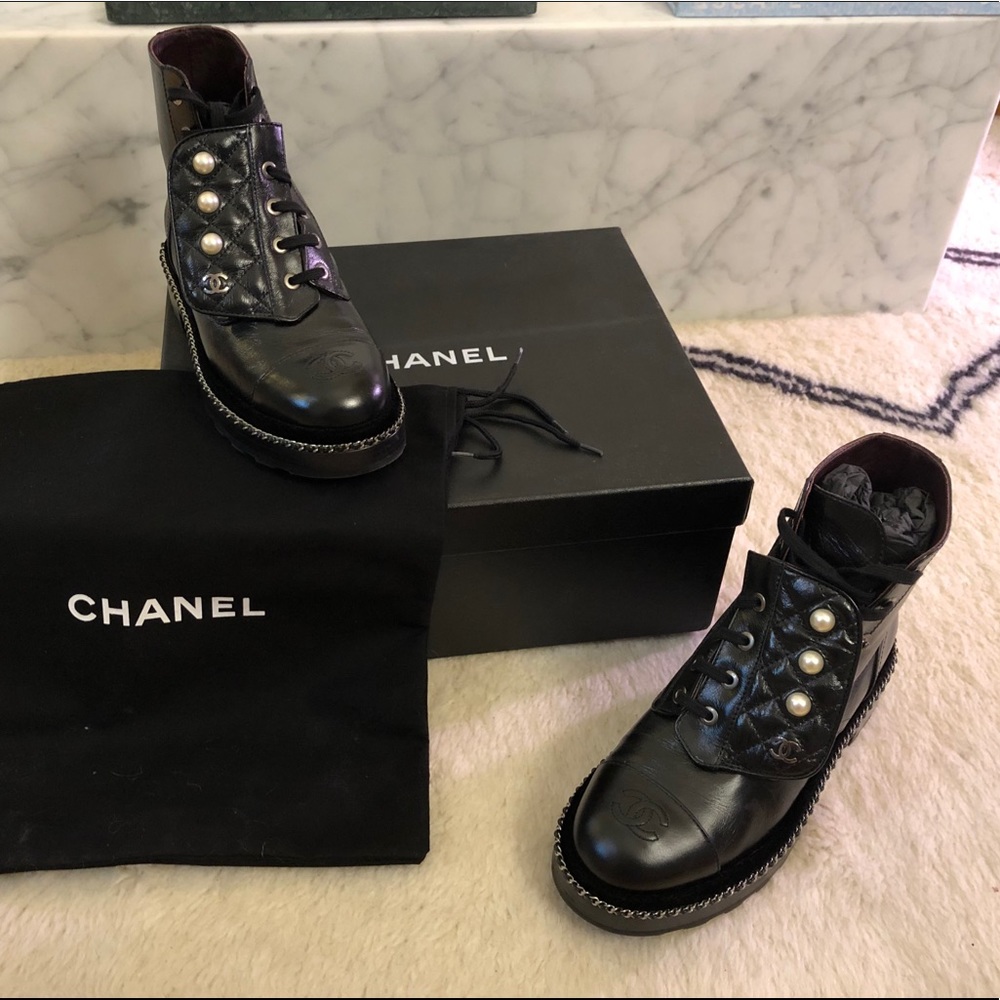•SOLD to Fashionphile• CHANEL Pearl Combat Boots